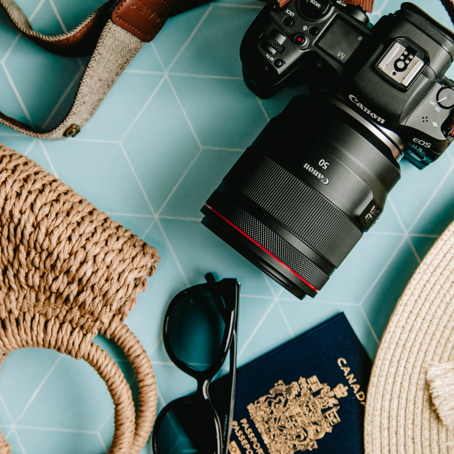 overhead view of a canon r5 camera, straw hat, passport, sunglasses and bag.